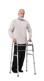 Photo of Senior man using walking frame on white background