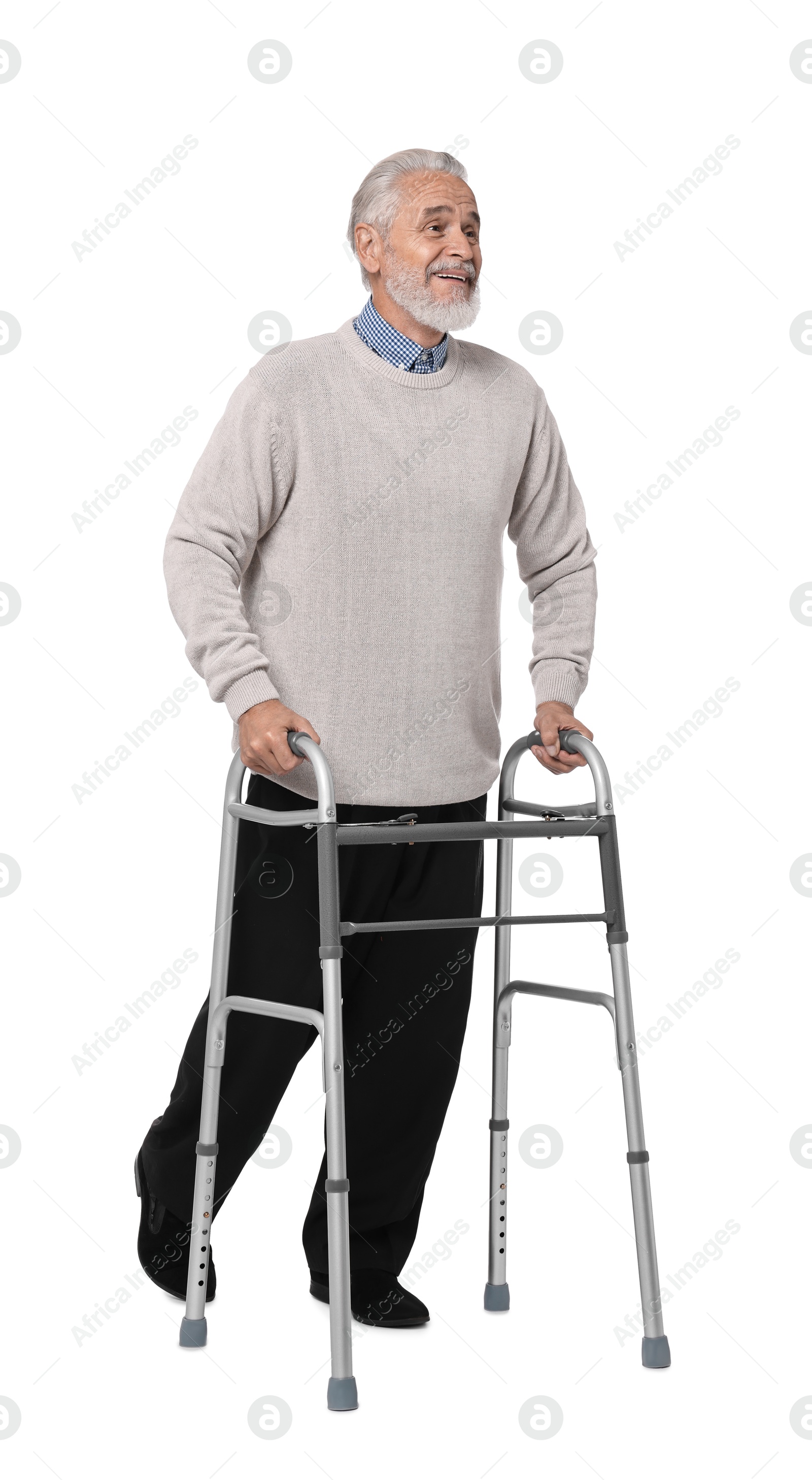 Photo of Senior man using walking frame on white background