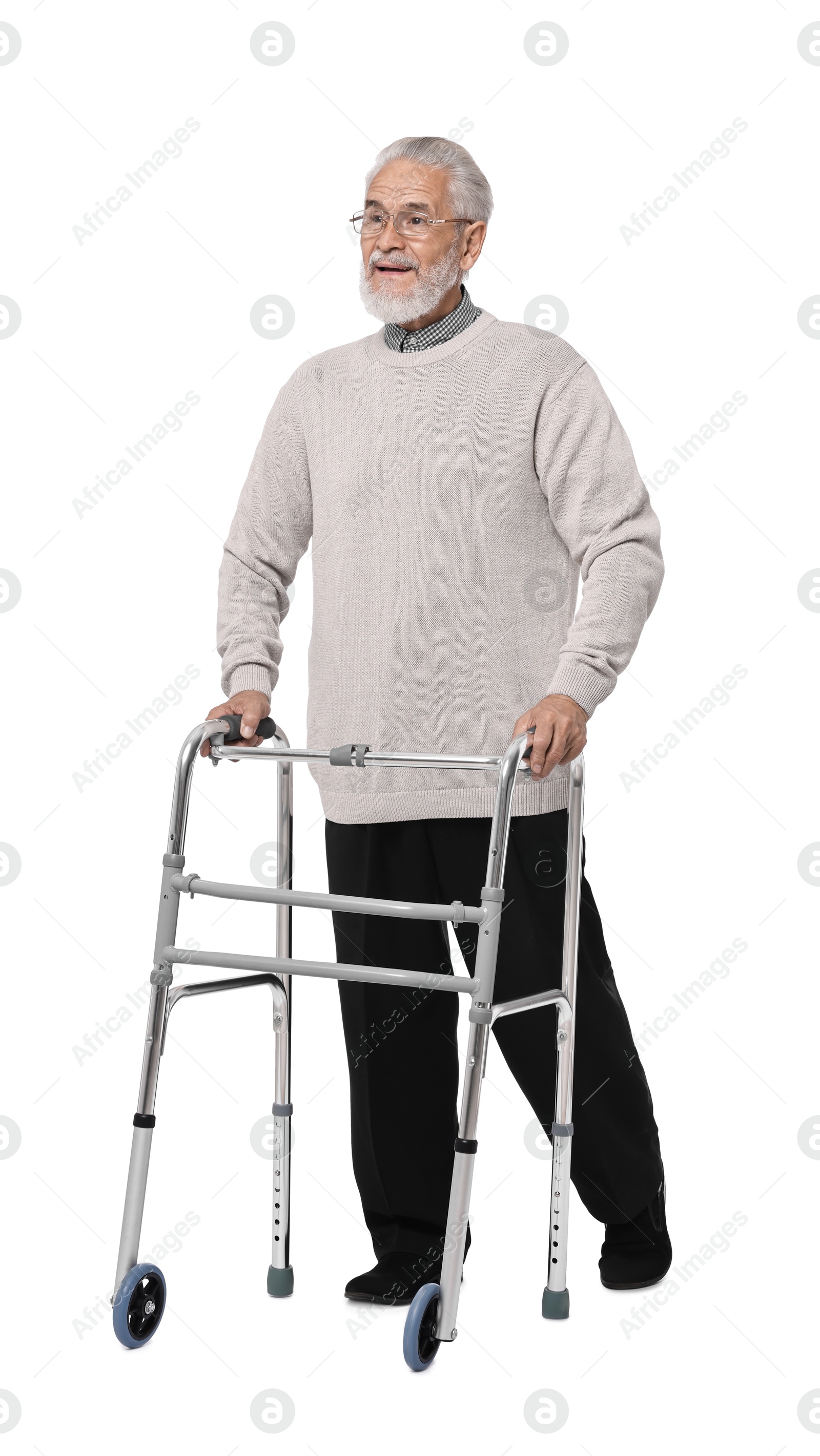 Photo of Senior man using walking frame on white background