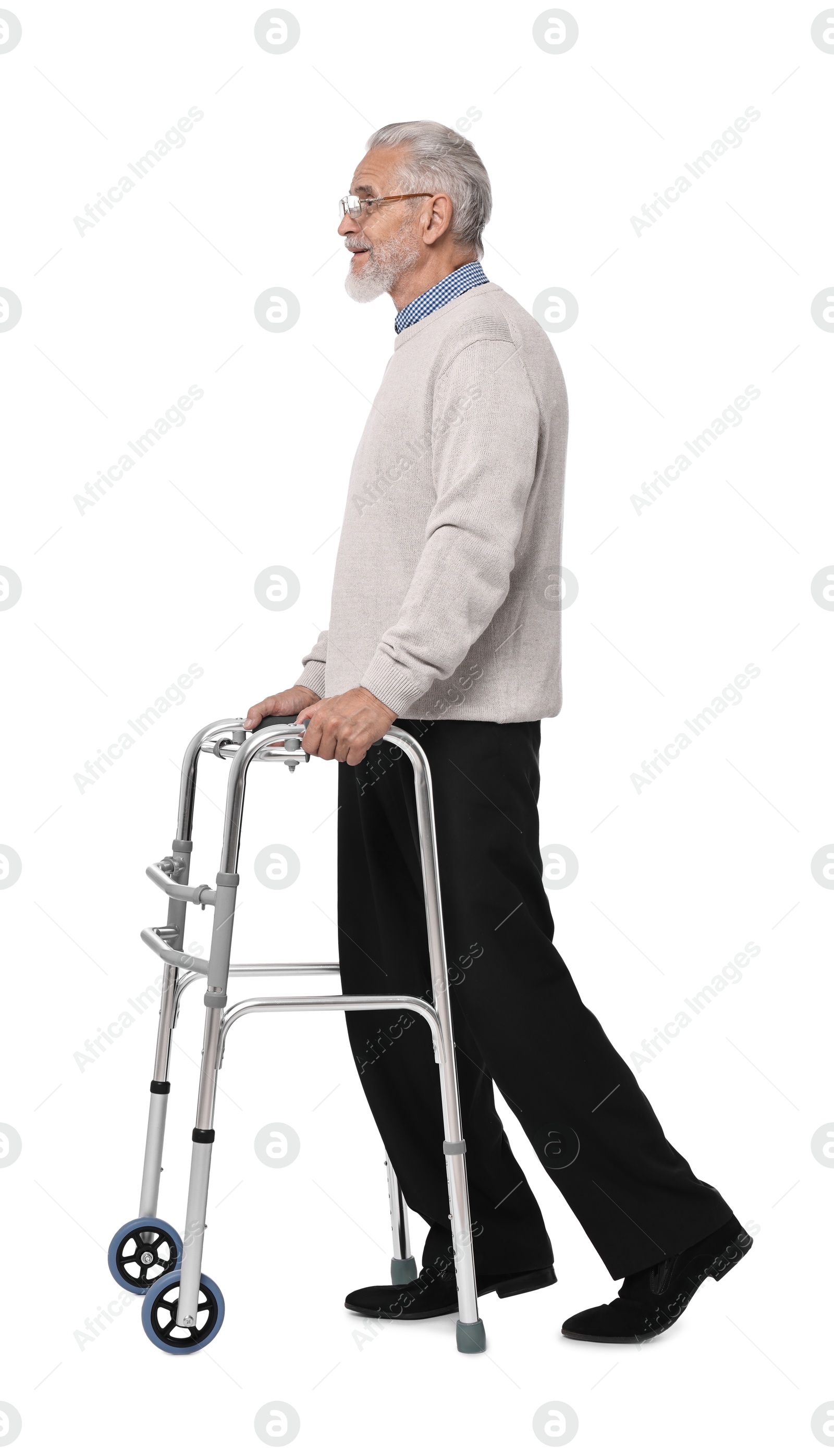 Photo of Senior man using walking frame on white background