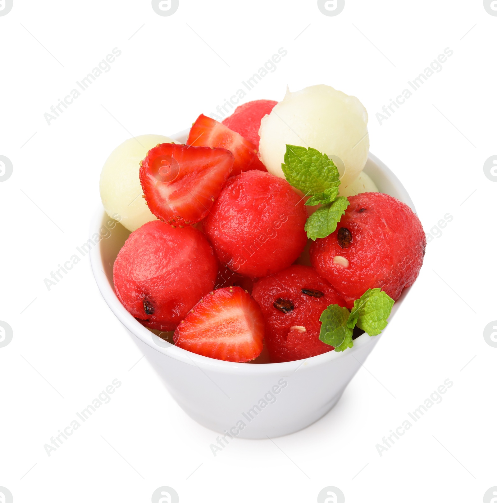 Photo of Tasty watermelon and melon balls with strawberries in bowl isolated on white