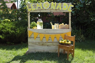 Photo of Lemonade stand with refreshing drink, fruits and mint in park