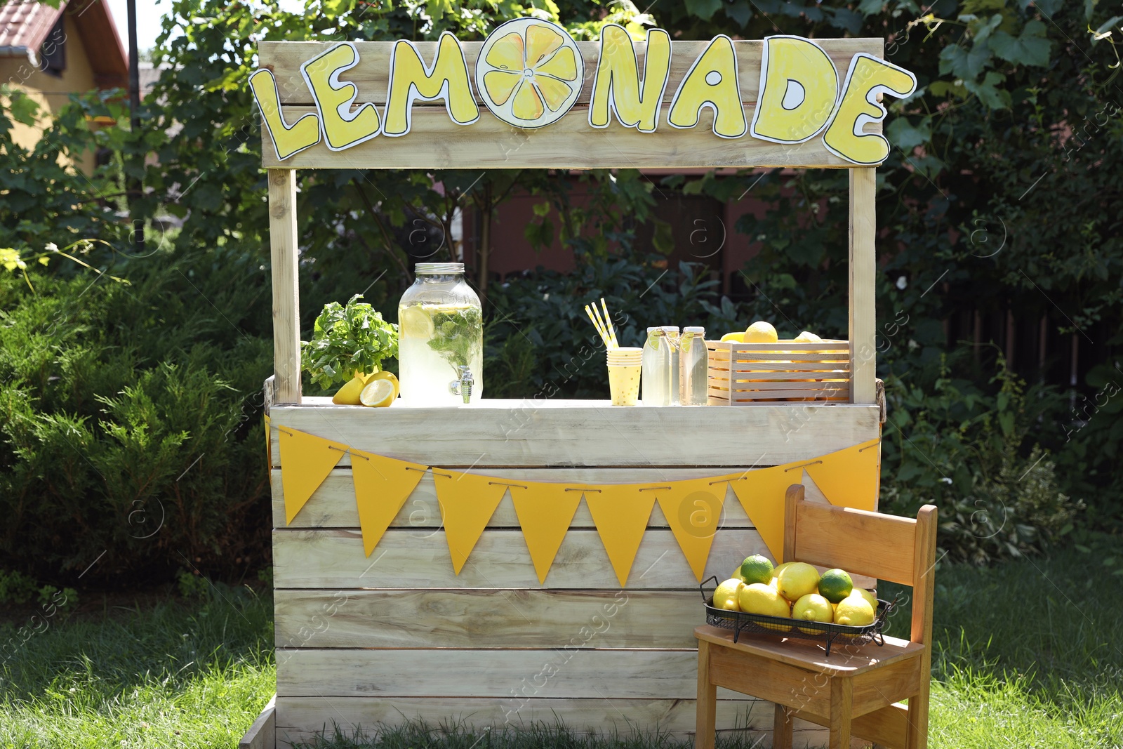 Photo of Lemonade stand with refreshing drink, fruits and mint in park