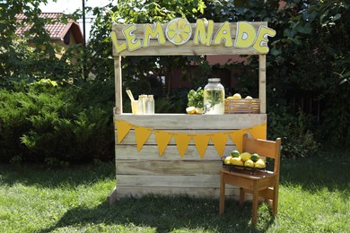 Lemonade stand with refreshing drink, fruits and mint in park