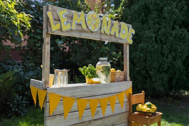 Lemonade stand with refreshing drink, fruits and mint in park