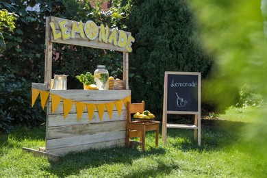 Lemonade stand with refreshing drink, fruits and mint in park