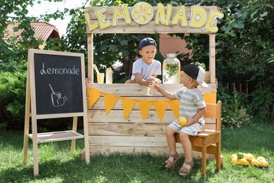 Photo of Cute boys near lemonade stand in park