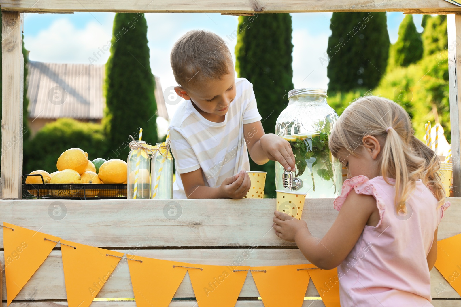 Photo of Cute little boy selling natural lemonade to girl in park