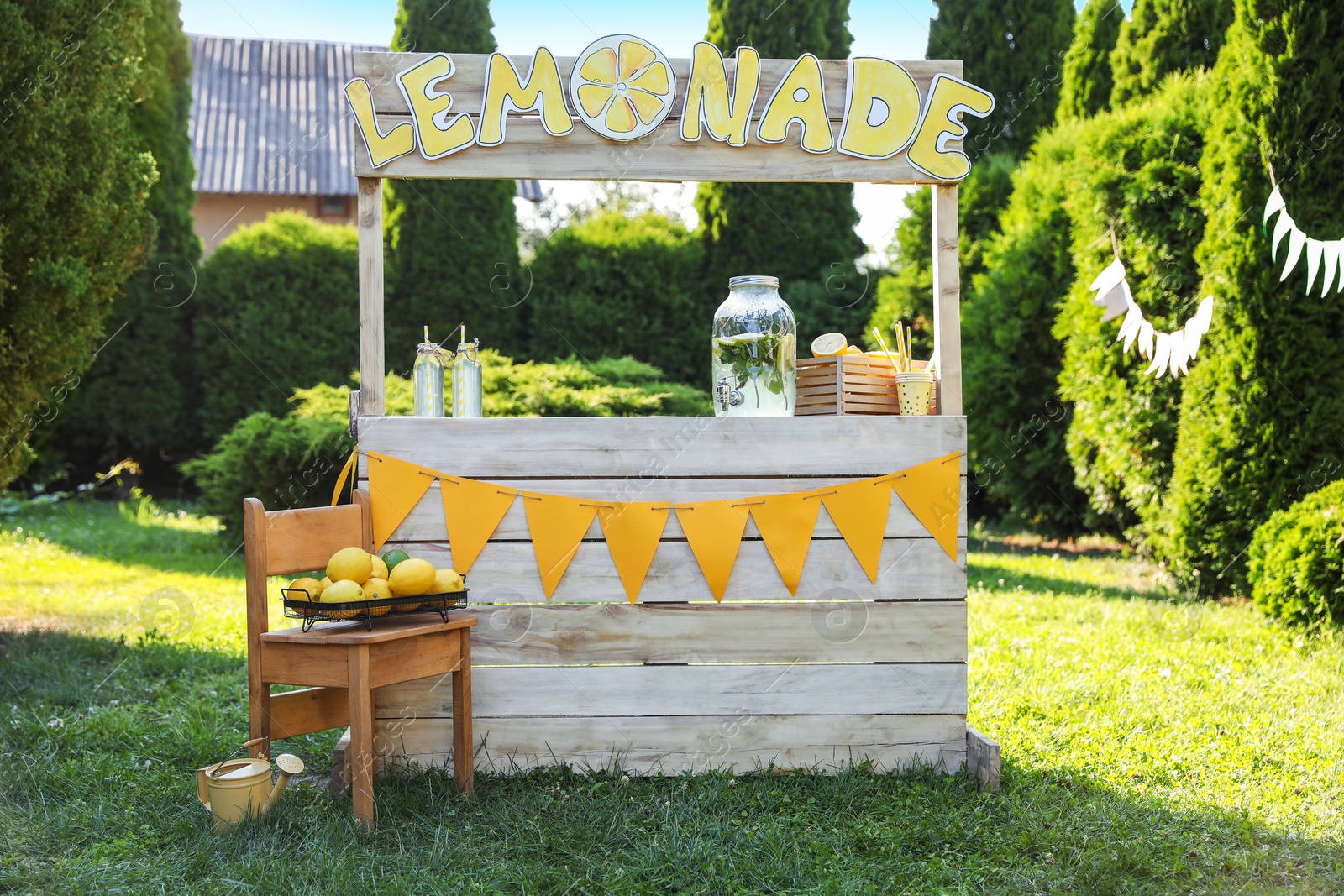 Photo of Lemonade stand with refreshing drink and fresh fruits in park