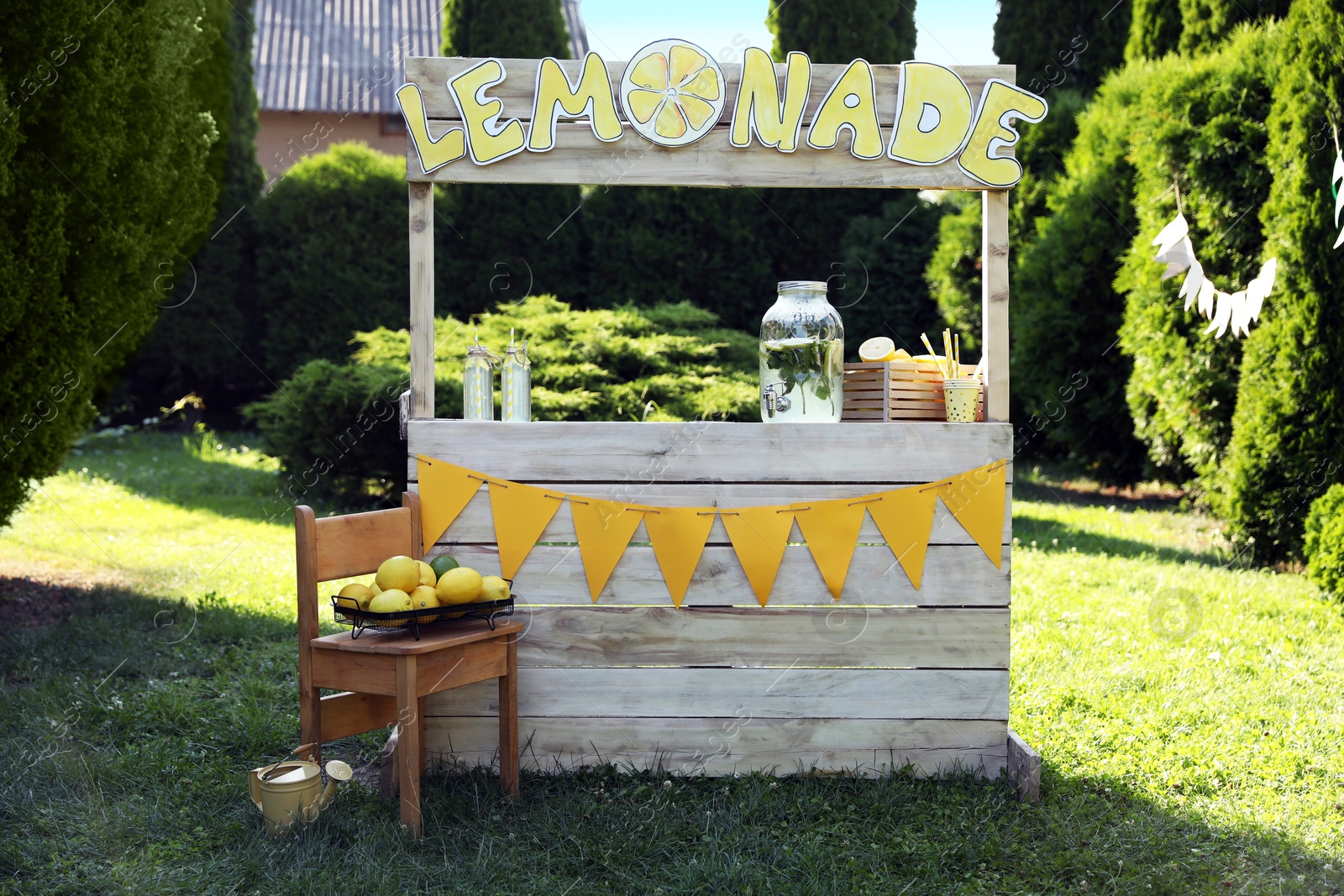 Photo of Lemonade stand with refreshing drink and fresh fruits in park