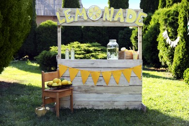 Photo of Lemonade stand with refreshing drink and fresh fruits in park