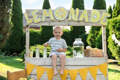 Photo of Cute little boy sitting on lemonade stand in park