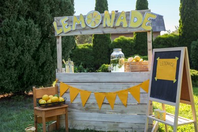 Lemonade stand with refreshing drink and fresh fruits in park