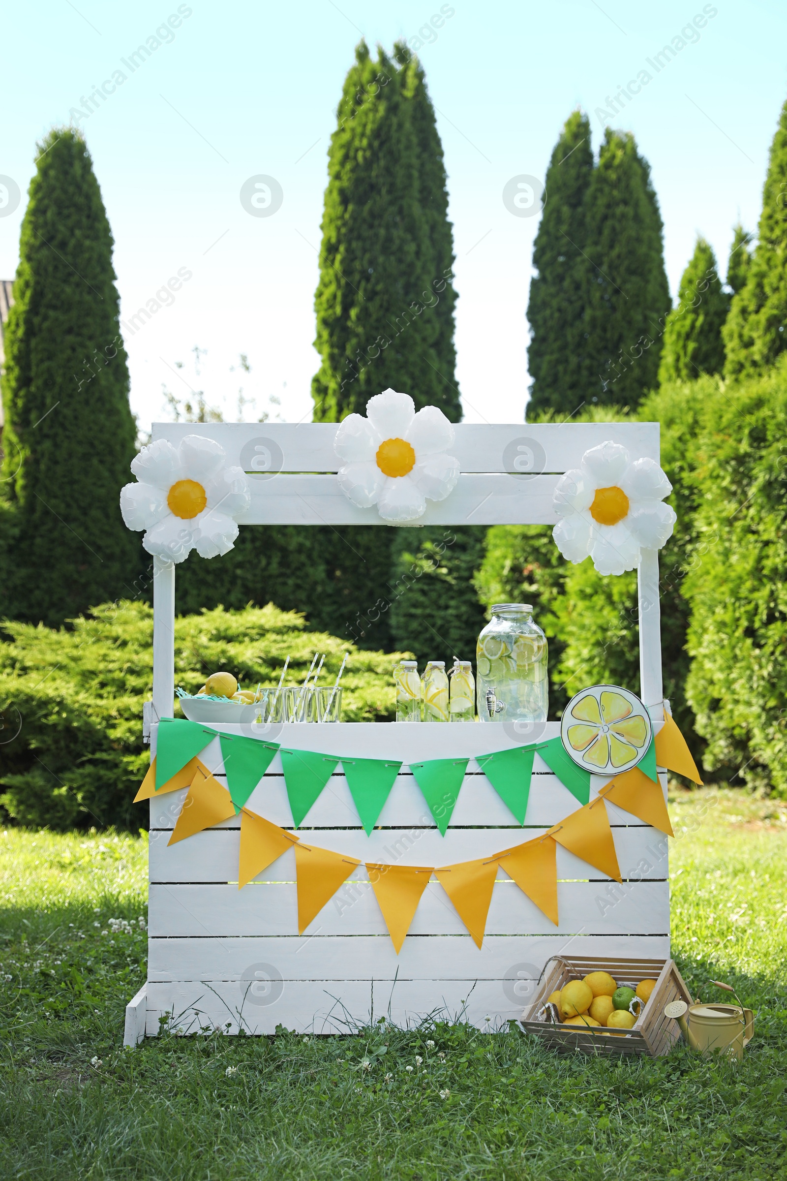 Photo of Lemonade stand with refreshing drink and fresh fruits in park