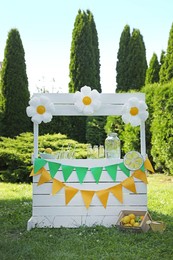 Lemonade stand with refreshing drink and fresh fruits in park