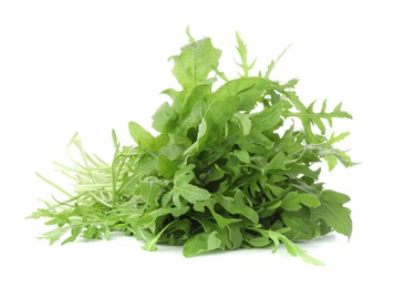 Photo of Many fresh arugula leaves isolated on white