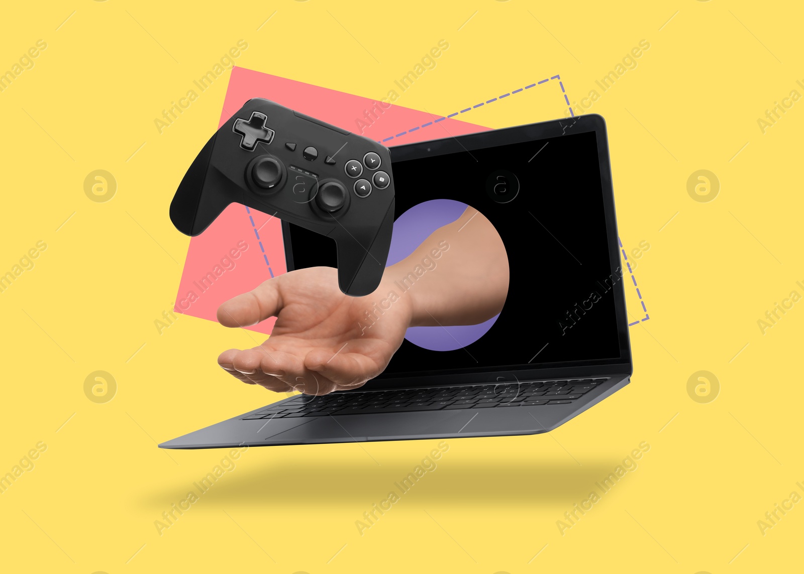 Image of Man's hand sticking from laptop and catching gamepad on yellow background. Creative collage