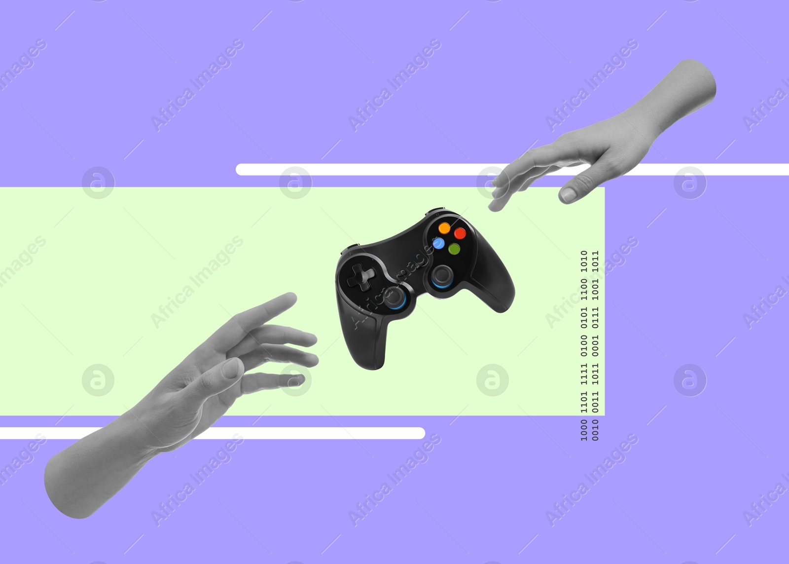 Image of Man's and woman's hands reaching for gamepad on color background. Creative collage