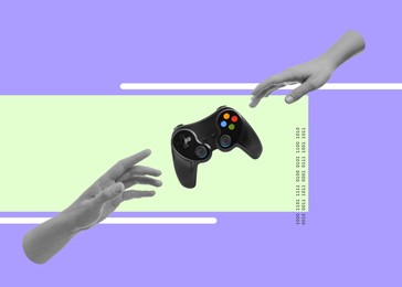 Man's and woman's hands reaching for gamepad on color background. Creative collage