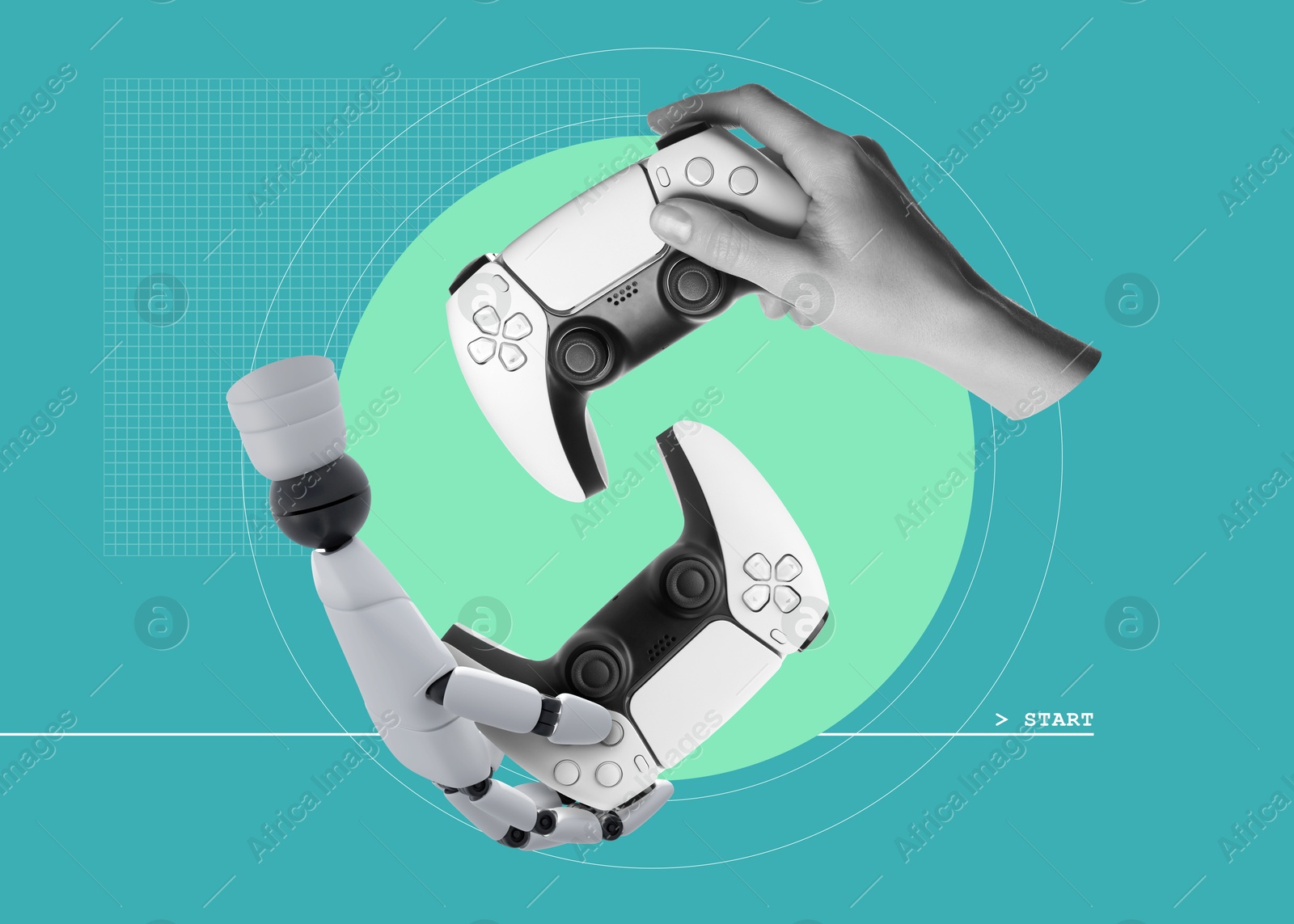 Image of Creative art collage with woman's hand and robot's arm holding gamepads on color background