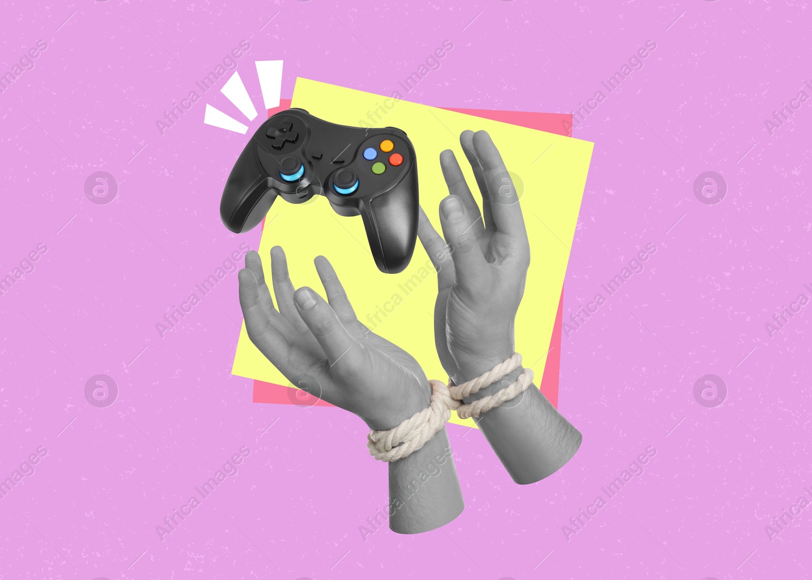 Image of Man's hands tied with rope reaching for gamepad on color background. Creative collage