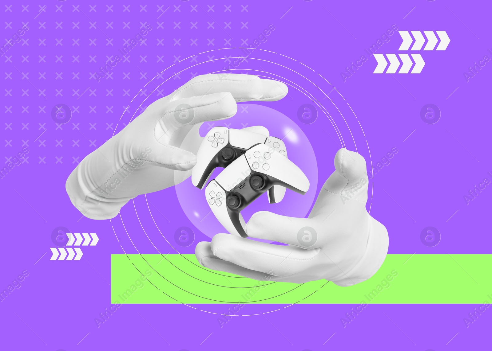 Image of Man's hands with two gamepads in sphere on color background. Creative collage