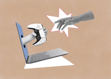 Man's hand reaching for woman's hand with gamepad sticking out of laptop screen on color background. Creative art collage