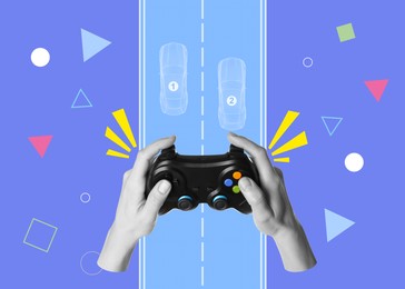 Image of Woman's hands with gamepad playing racing game. Creative collage