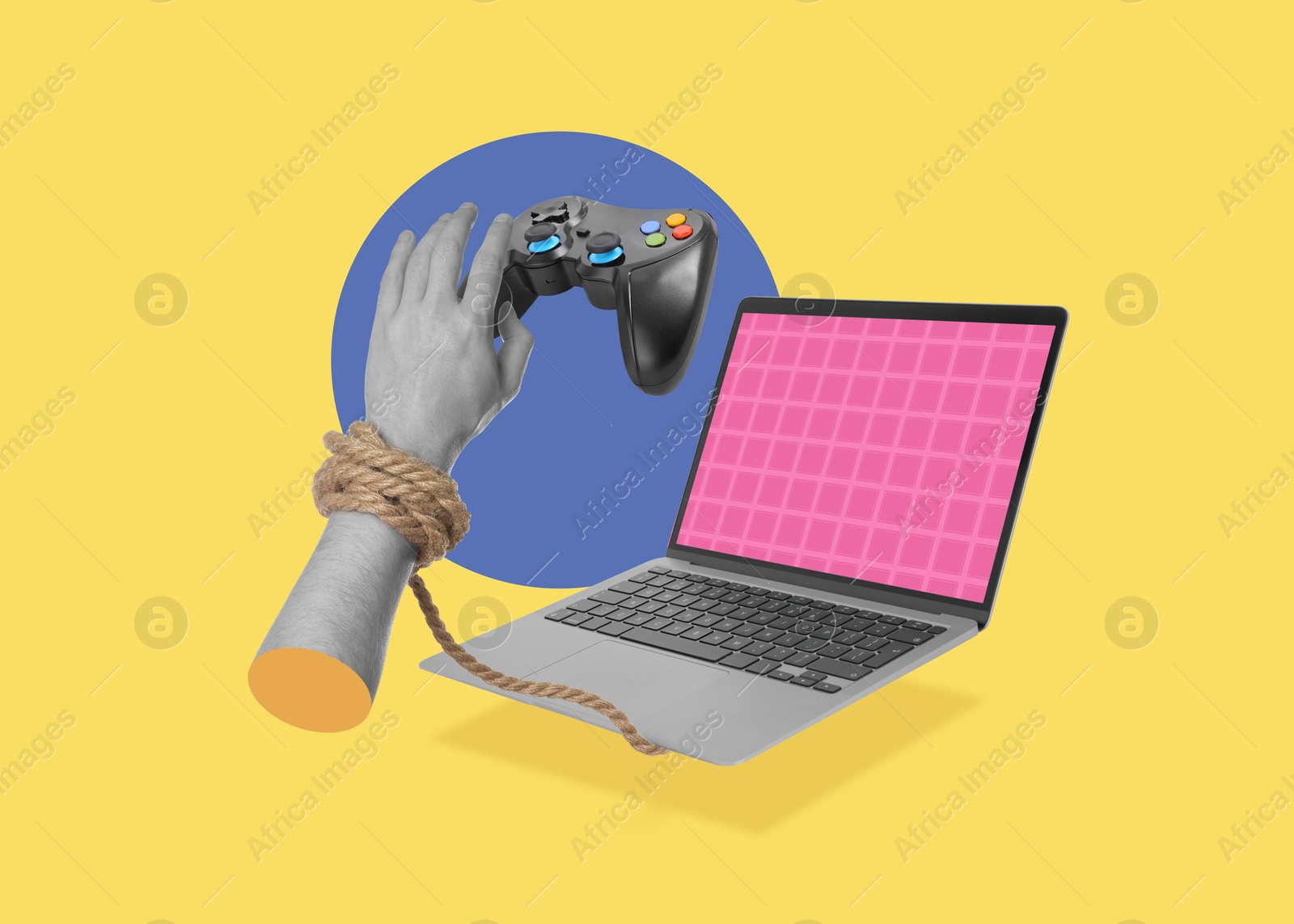 Image of Man's hand tied to laptop reaching for gamepad on color background, creative collage