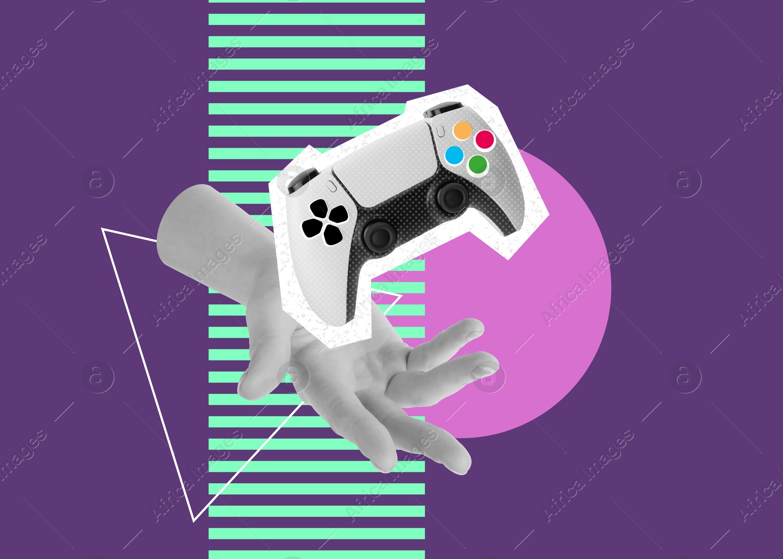 Image of Creative collage with woman's hand and gamepad on color background