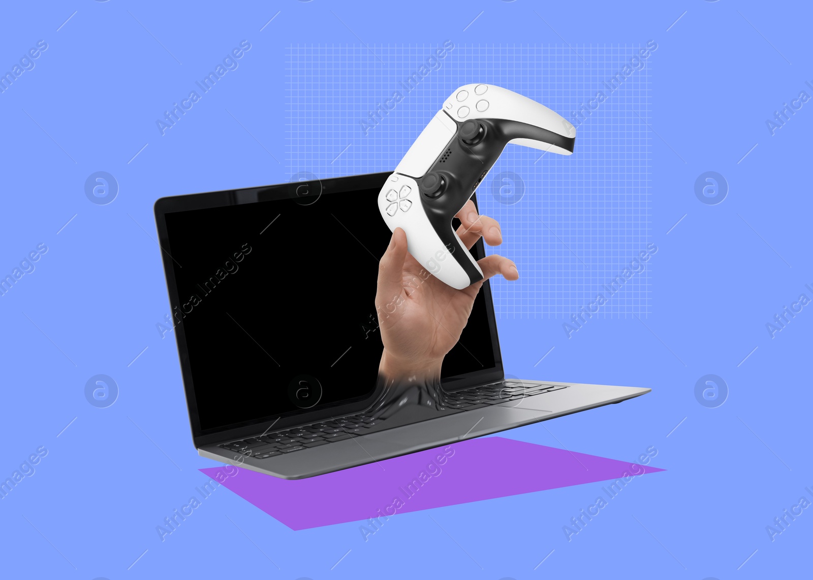 Image of Man's hand holding gamepad and sticking out from laptop on light blue background. Creative collage