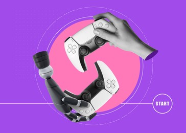 Creative art collage with woman's hand and robot's arm holding gamepads on color background