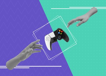 Image of Man's and woman's hands reaching for gamepad on color background. Creative collage