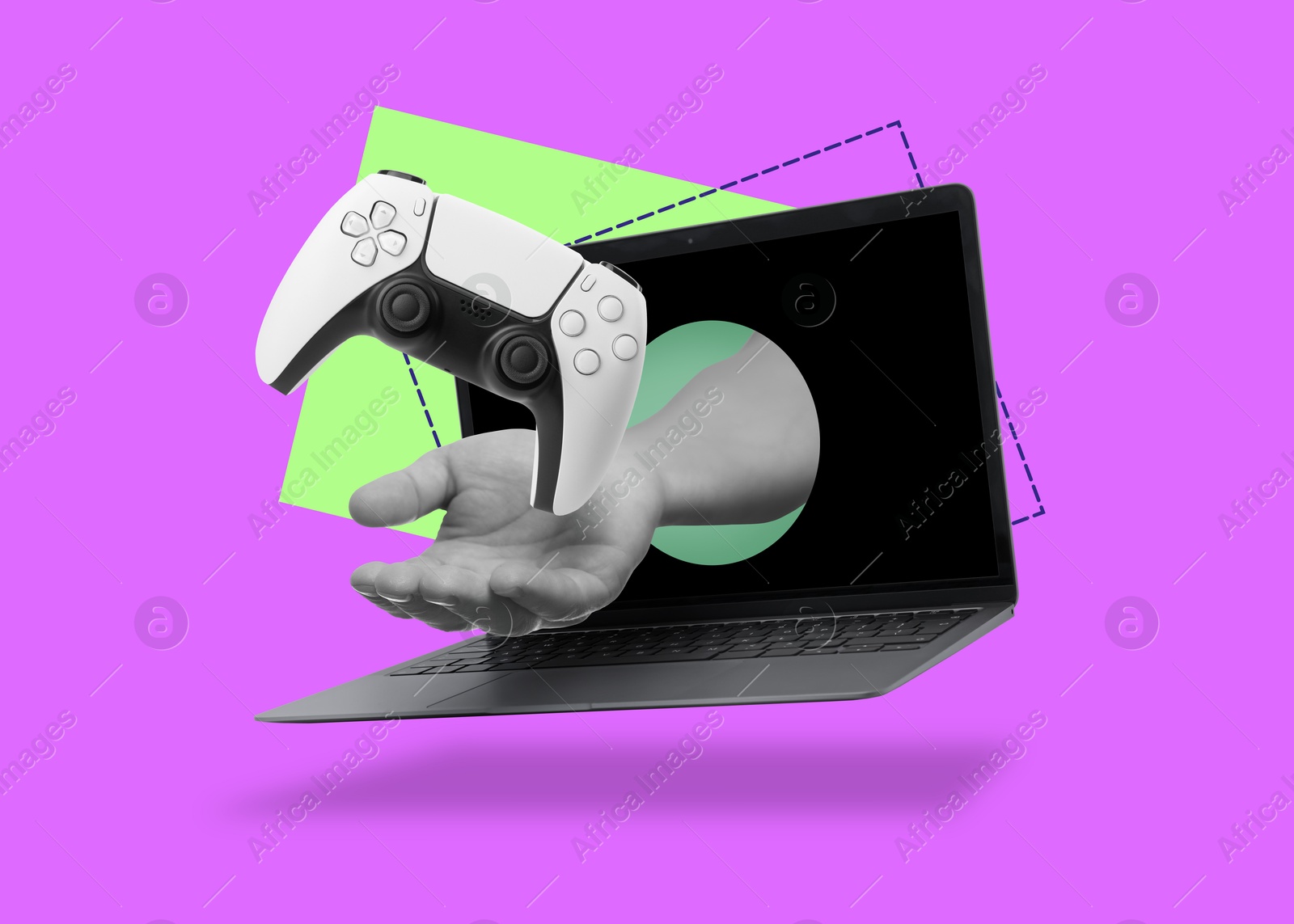 Image of Woman's hand sticking from laptop and gamepad on color background. Creative collage