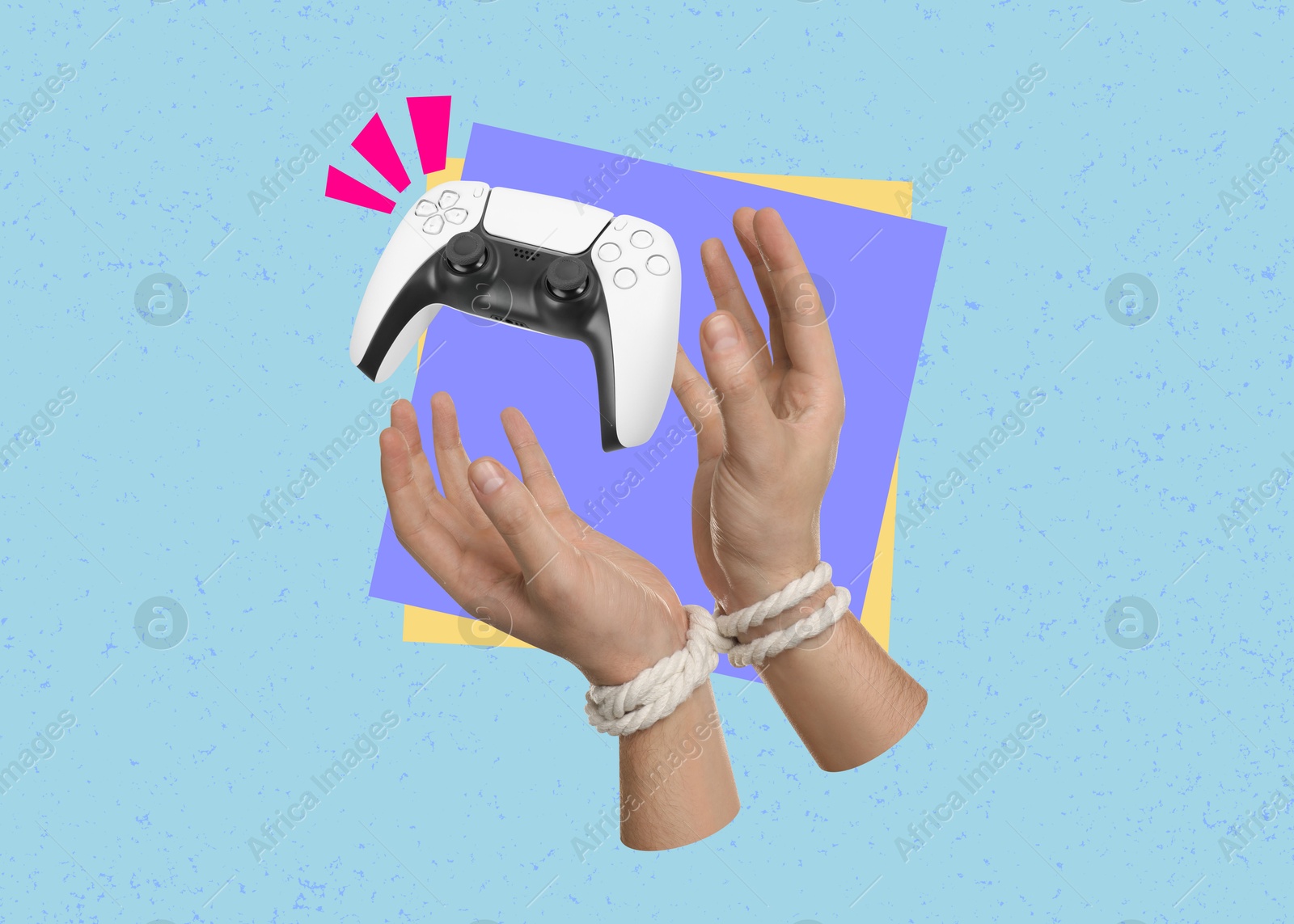 Image of Man's hands tied with rope reaching for gamepad on color background. Creative collage