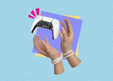 Image of Man's hands tied with rope reaching for gamepad on color background. Creative collage