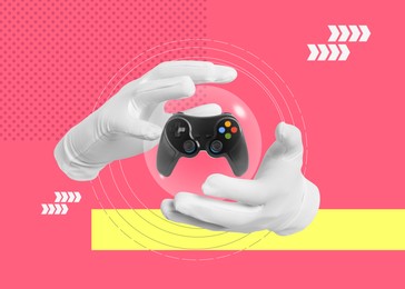 Image of Man's hands with gamepad in sphere on color background. Creative collage