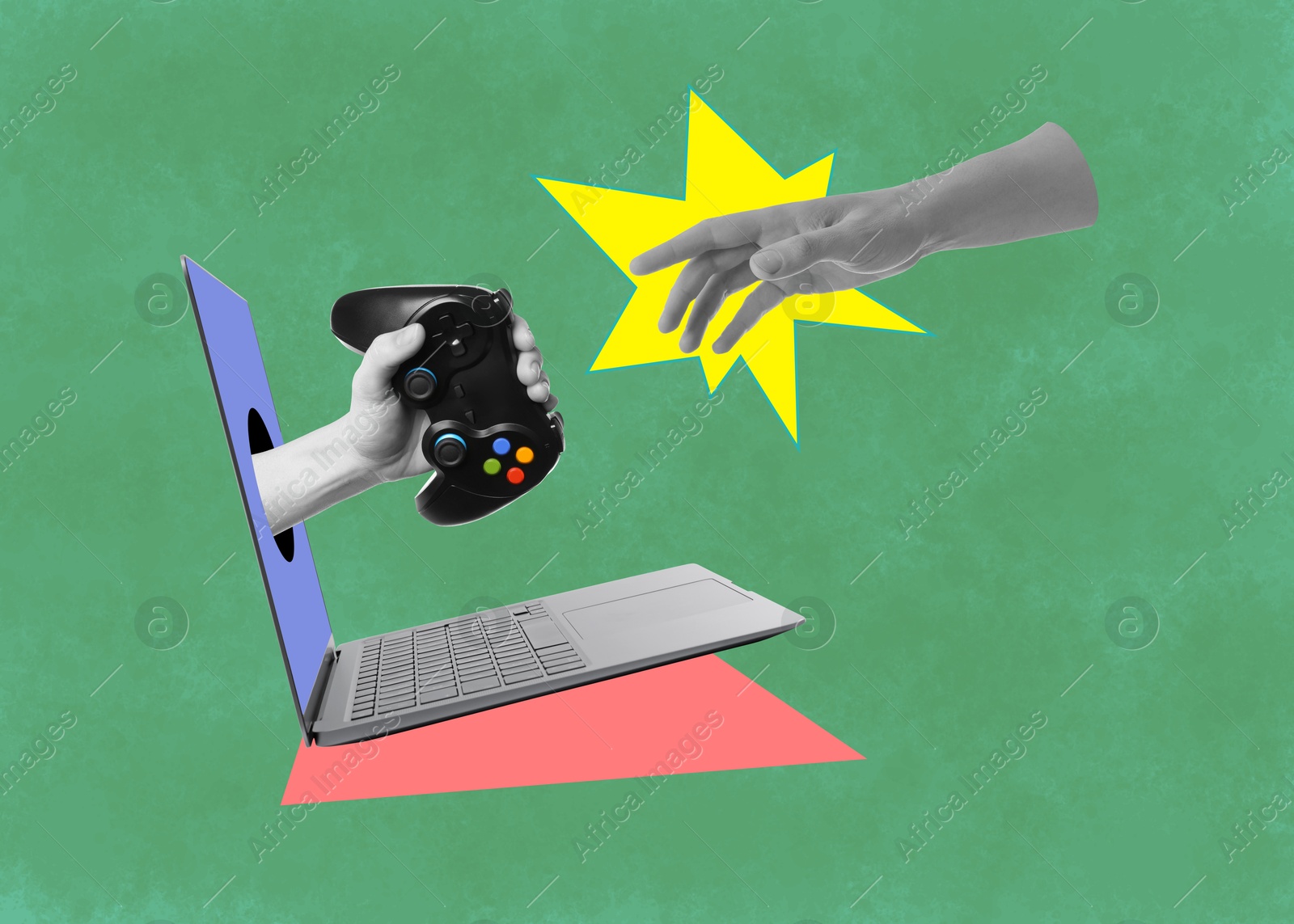 Image of Man's hand reaching for woman's hand with gamepad sticking out of laptop screen on color background. Creative art collage