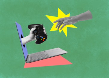 Man's hand reaching for woman's hand with gamepad sticking out of laptop screen on color background. Creative art collage