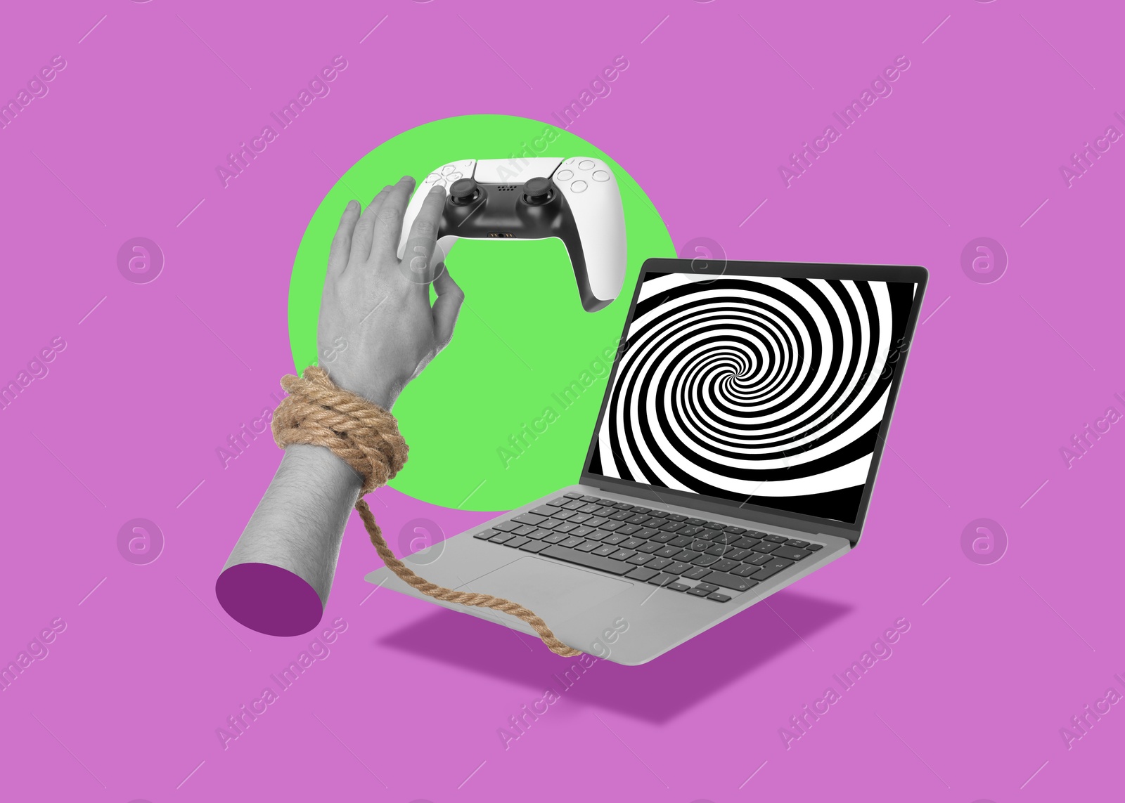 Image of Man's hand tied to laptop reaching for gamepad on color background, creative collage