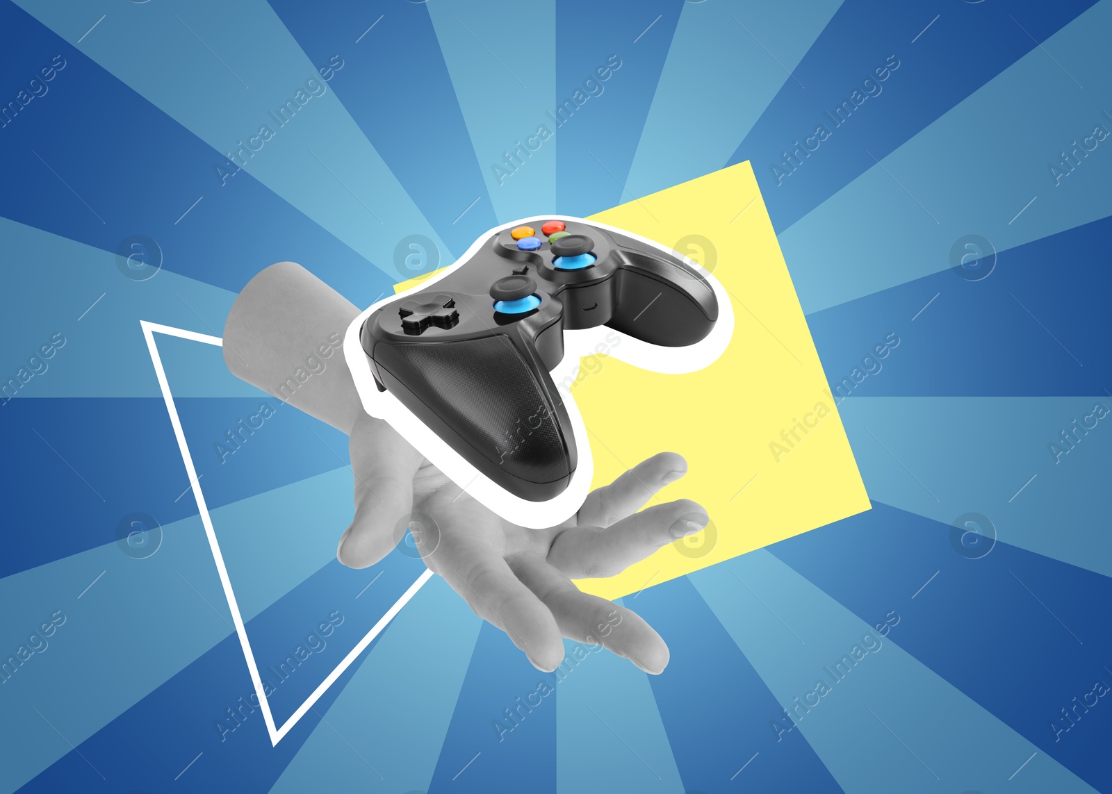 Image of Creative collage with woman's hand and gamepad on color background