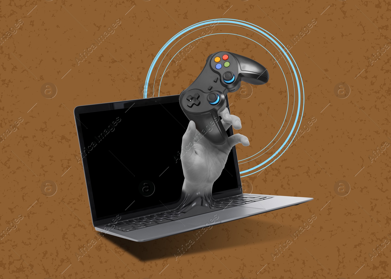 Image of Man's hand holding gamepad and sticking out from laptop on brown background. Creative collage