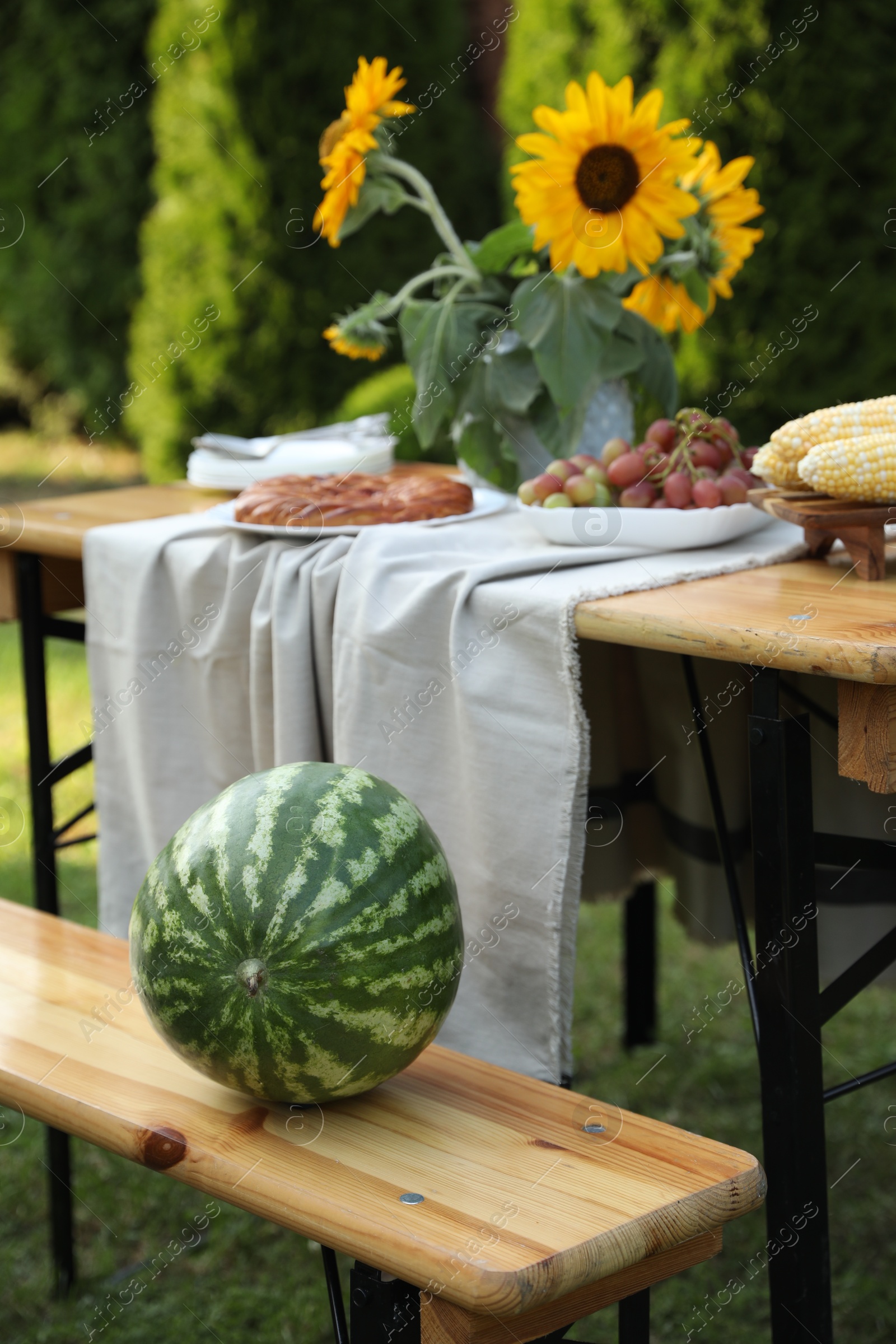 Photo of Ripe watermelon on wooden bench near table with fresh products and sunflowers in garden