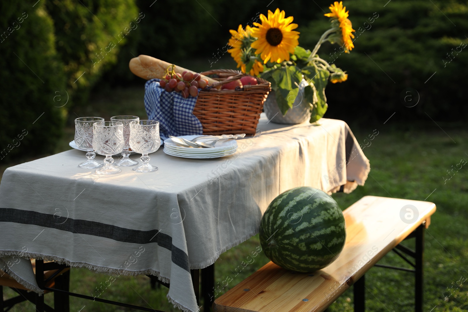 Photo of Glasses, plates, fresh products and sunflowers on table in garden