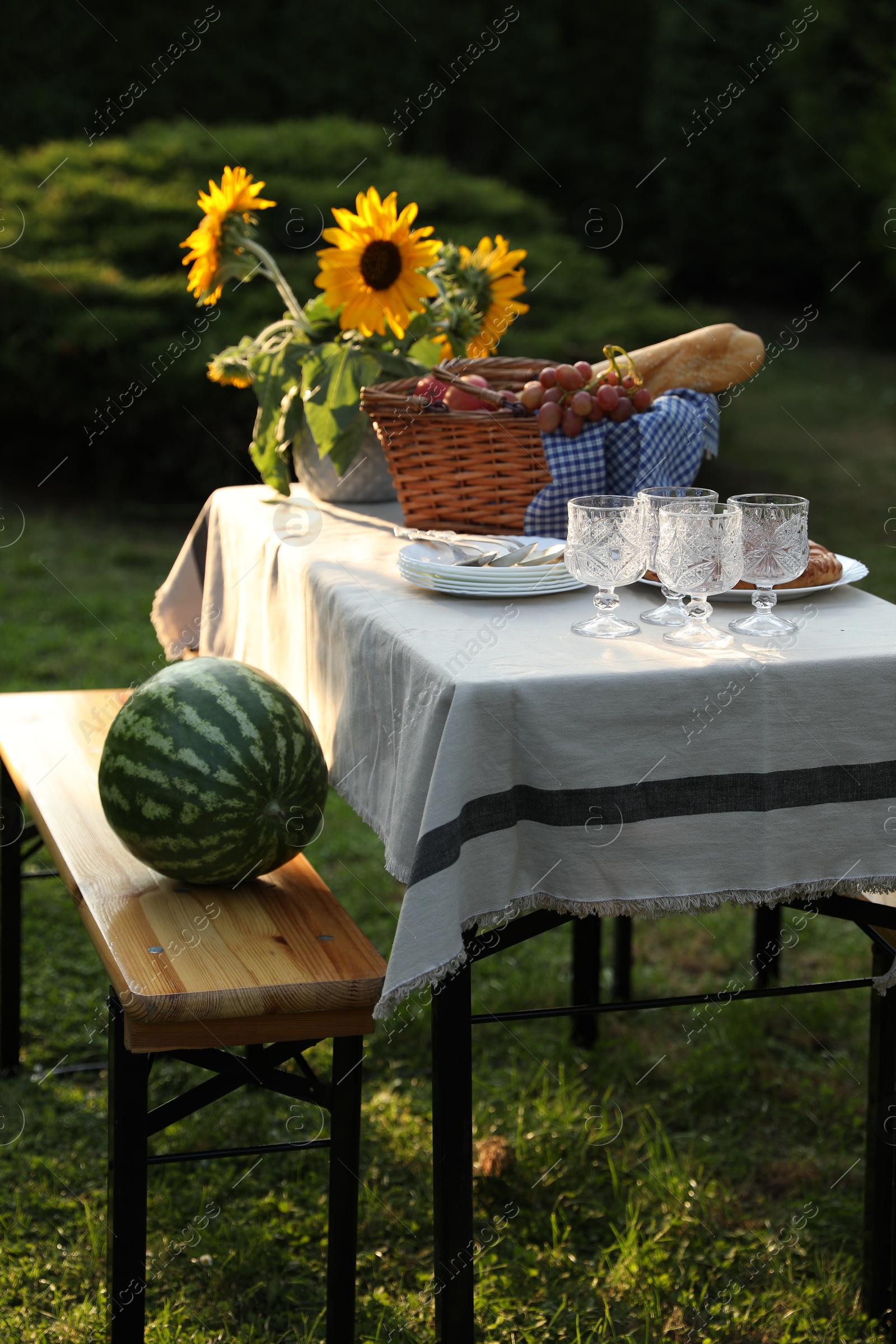 Photo of Glasses, plates, fresh products and sunflowers on table in garden