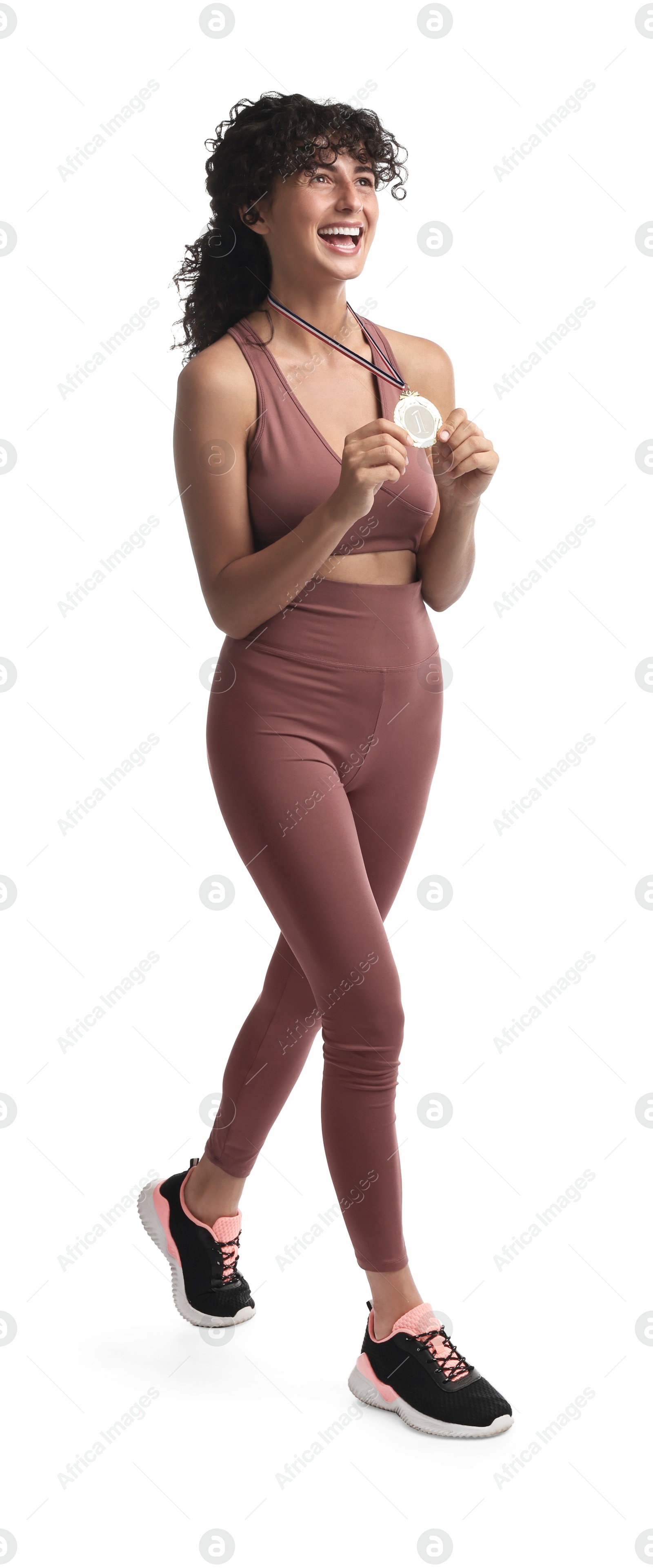 Photo of Happy winner with golden medal on white background