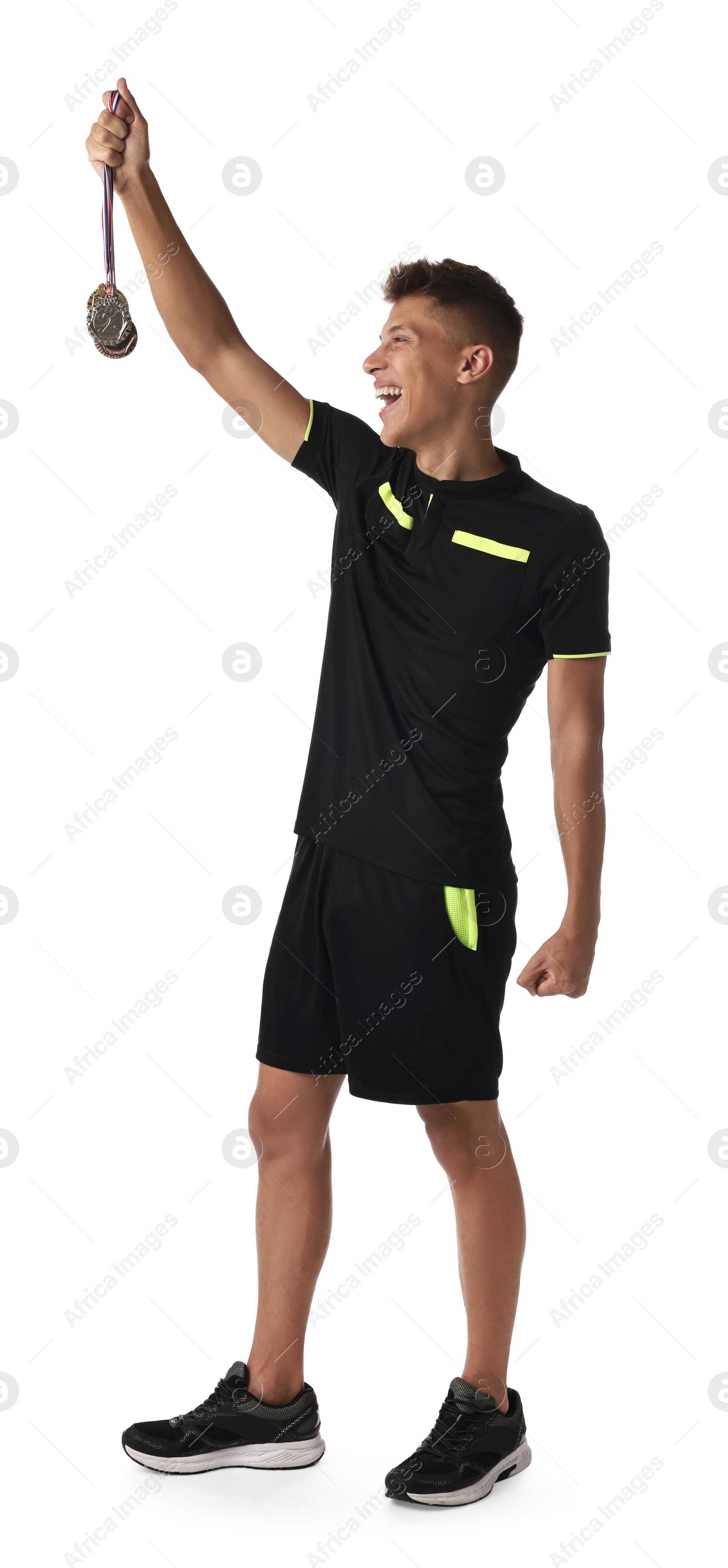 Photo of Happy winner with different medals on white background