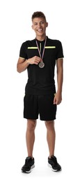 Photo of Happy winner with silver medal on white background