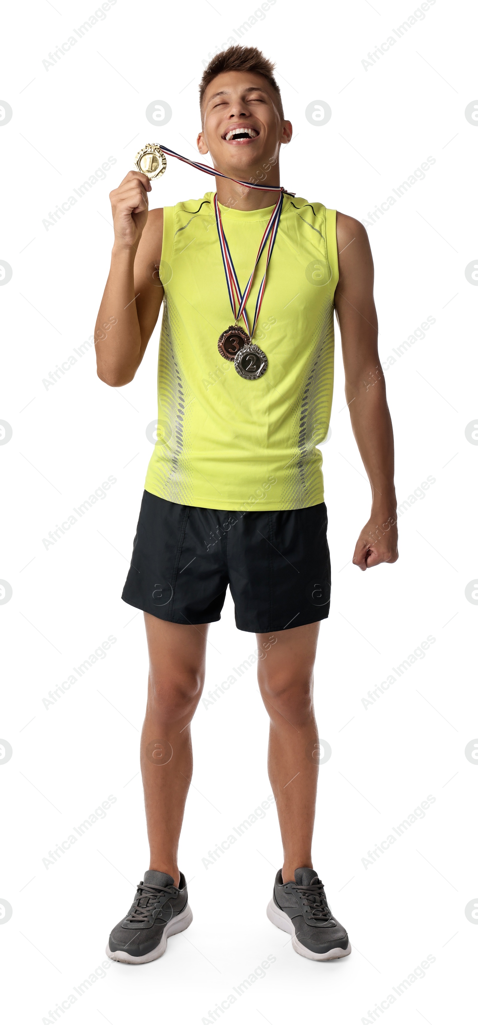 Photo of Happy winner with different medals on white background