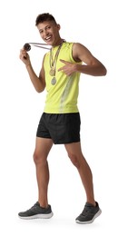 Photo of Happy winner pointing at his different medals on white background